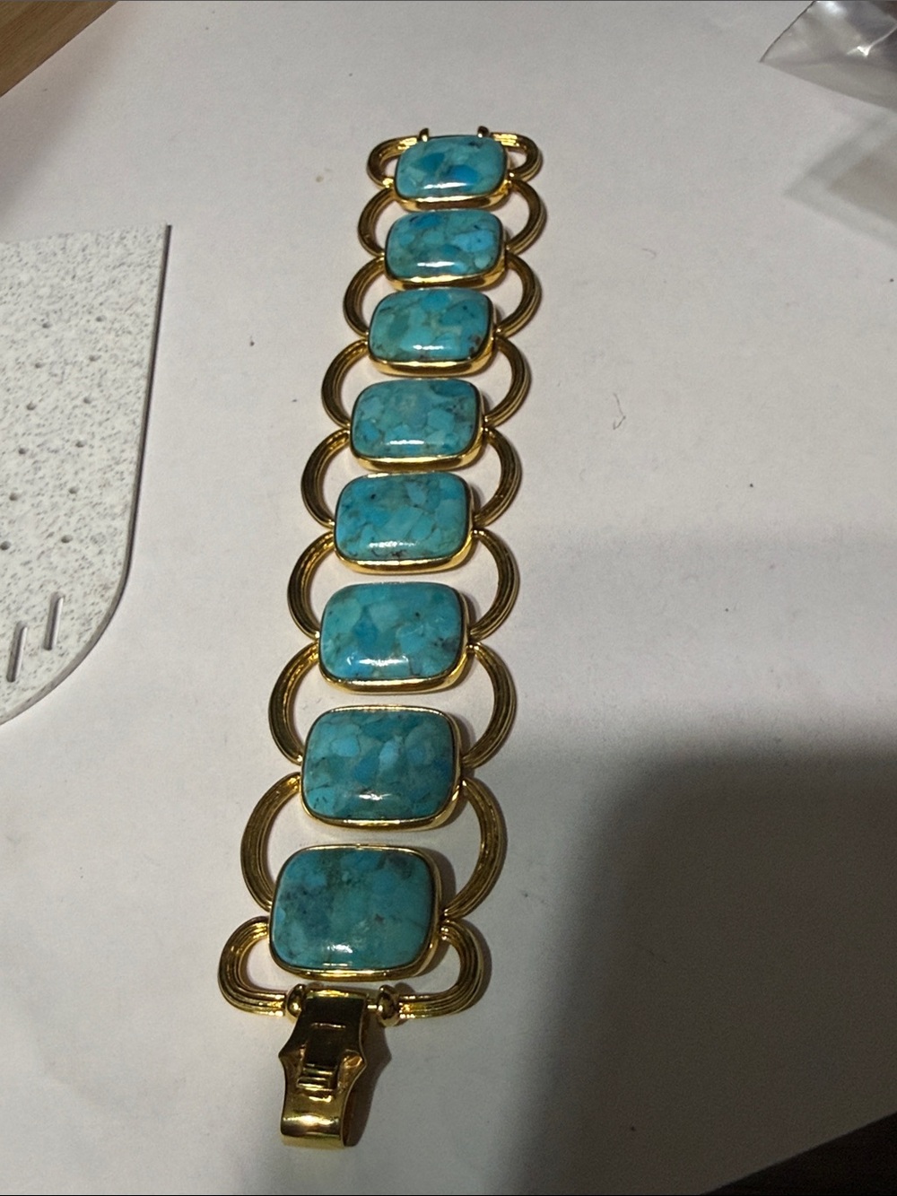 BEAUTIFUL Italy stamped Gold tone & Turquoise stone Bracelet 7 “